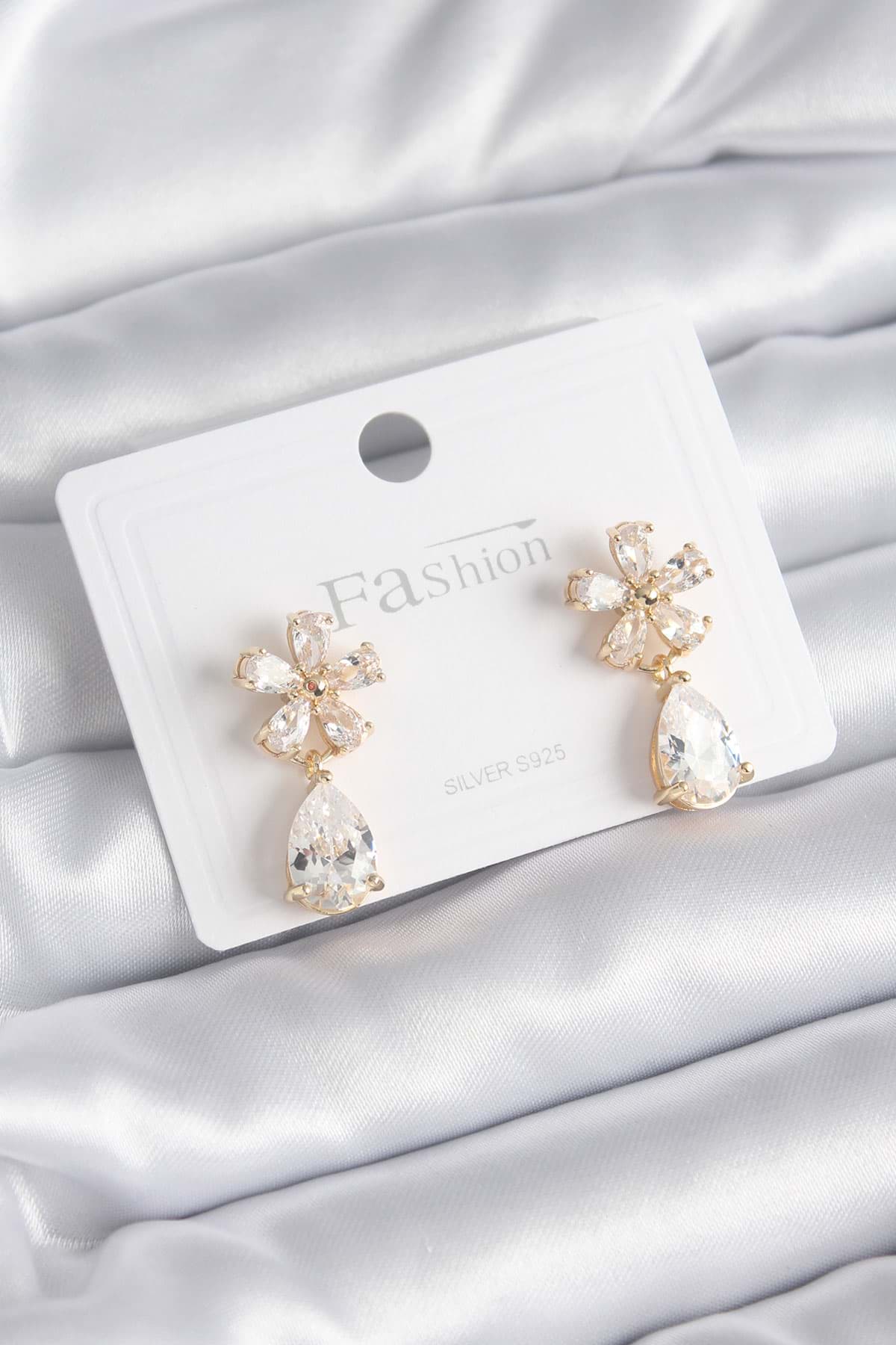 Pirinç Gold Renk Zirkon Taşlı Çiçek Model Damla Detay Kadın Küpe - TJ-BKP8399 resmi