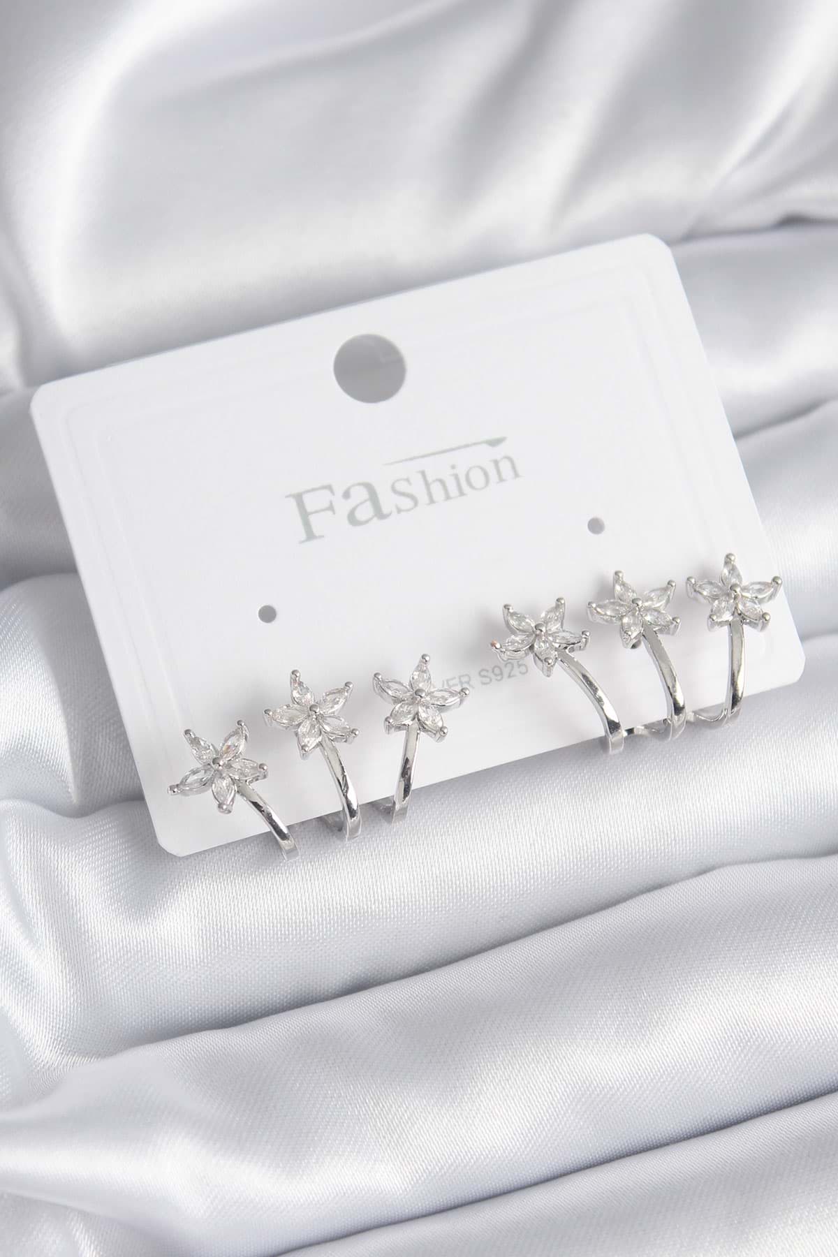 Pirinç Pirinç Gümüş Renk Zirkon Taşlı Çiçek Model Kadın Küpe - TJ-BKP8402 resmi