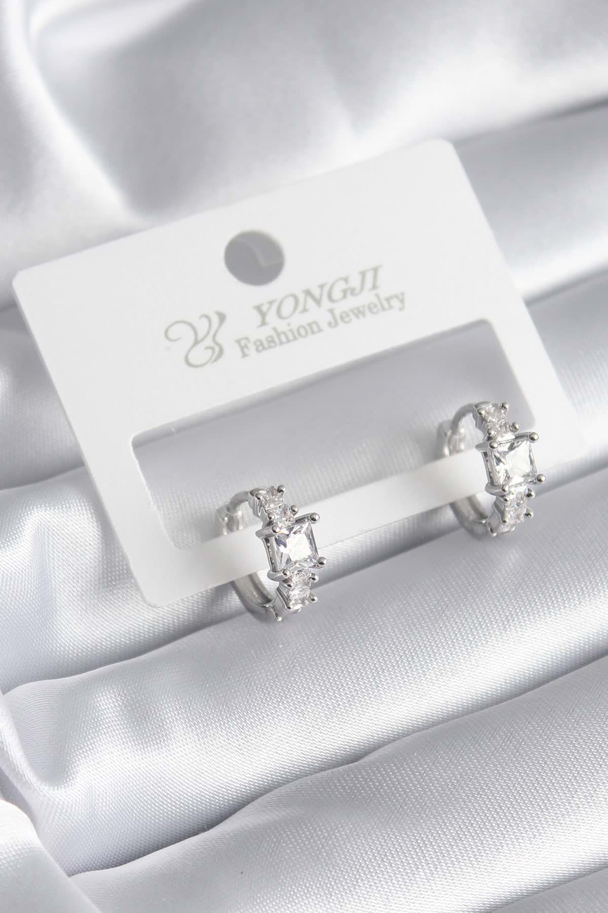 Pirinç Gümüş Renk Zirkon Taşlı Kadın Küpe - TJ-BKP8341 resmi