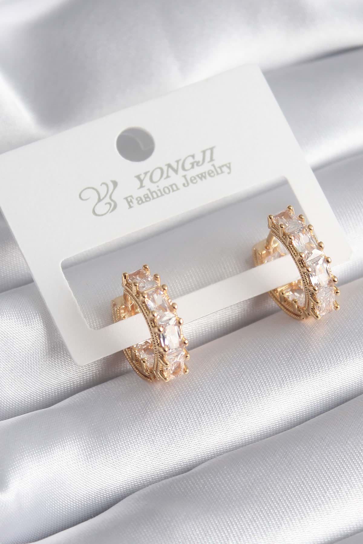 Pirinç Gold Renk Zirkon Taşlı Halka Model Kadın Küpe - TJ-BKP8350 resmi