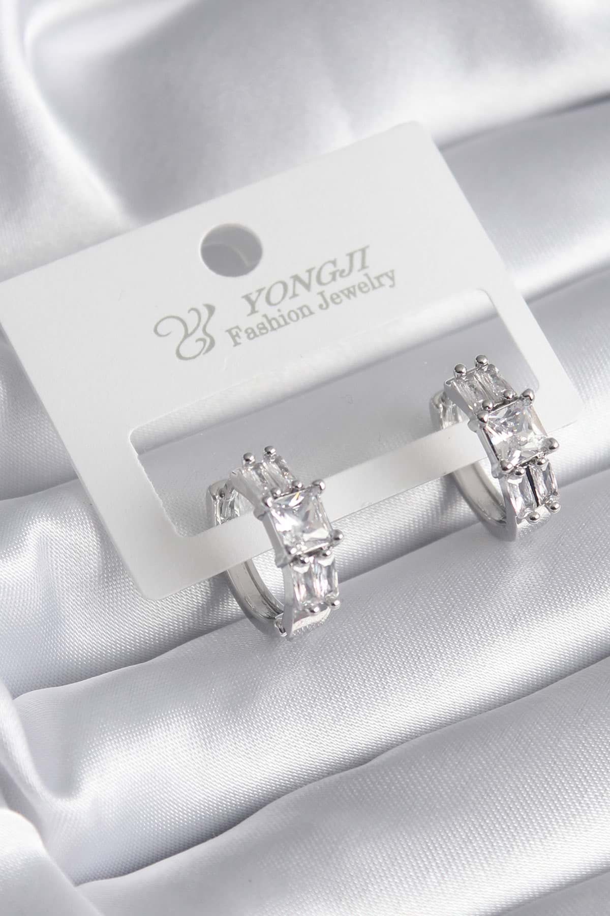 Pirinç Gümüş Renk Kare Zirkon Taşlı Kadın Küpe - TJ-BKP8351 resmi