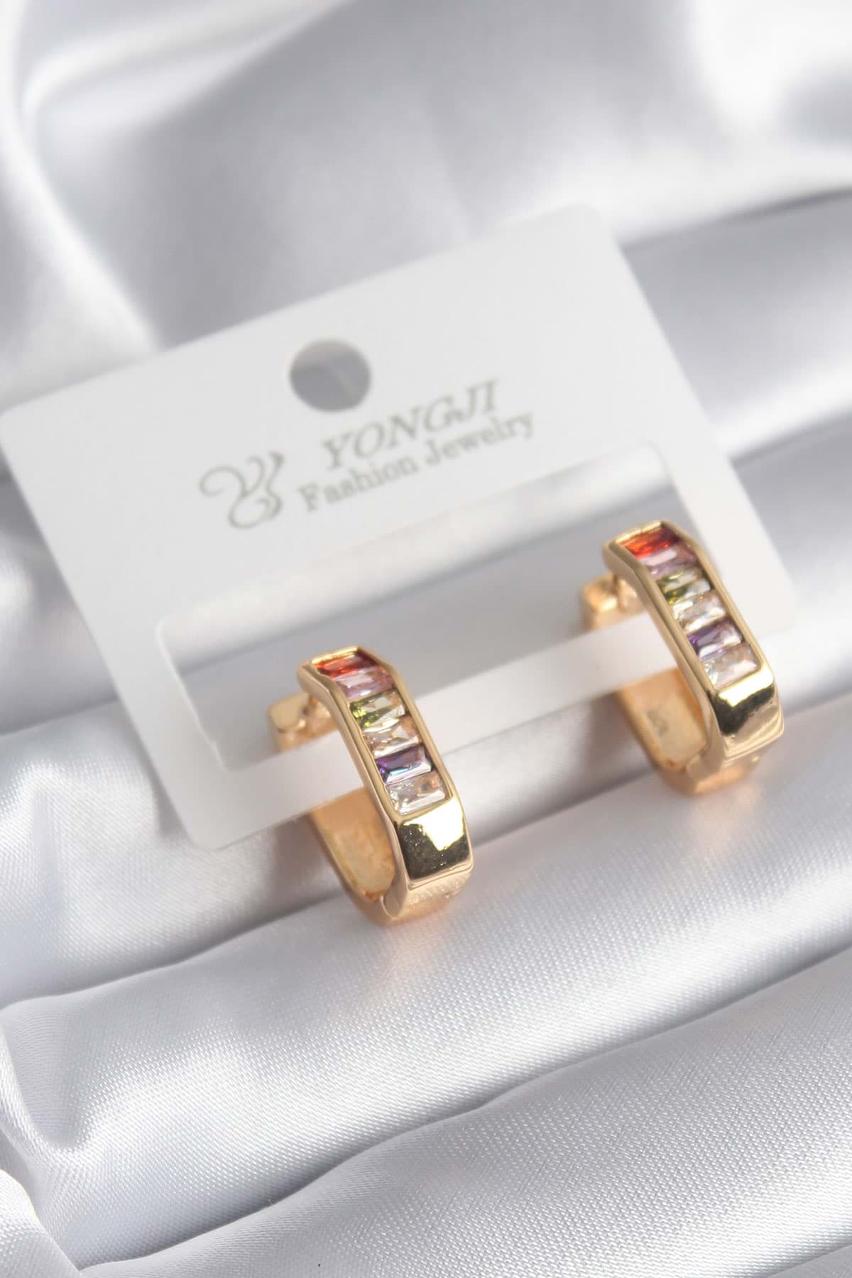 Pirinç Gold Renk Renkli Zirkon Taşlı Kadın Küpe - TJ-BKP8354 resmi