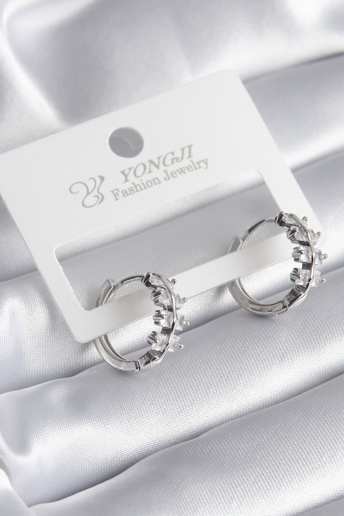 Pirinç Gümüş Renk Zirkon Taşlı Kadın Küpe - TJ-BKP8355 resmi