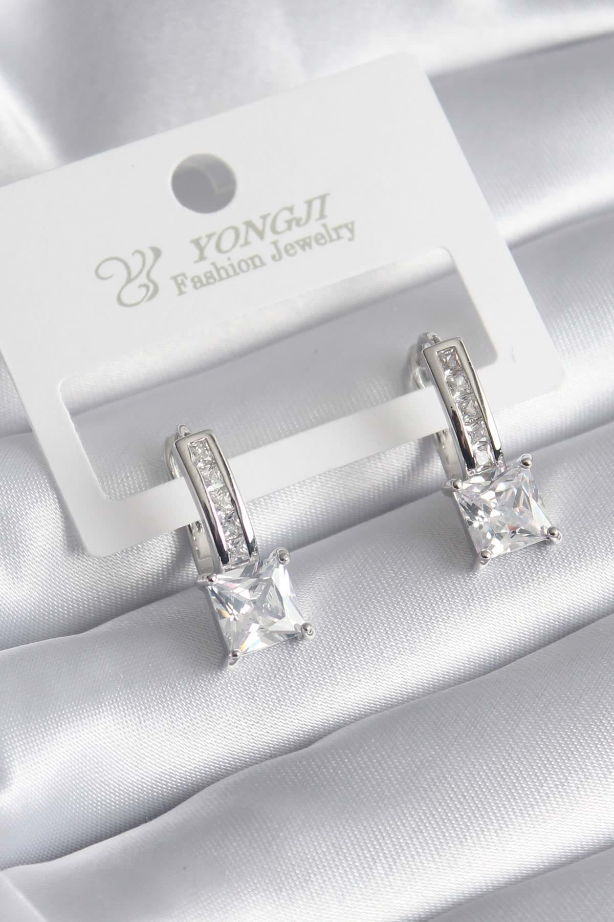 Pirinç Gümüş Renk Kare Zirkon Taşlı Kadın Küpe - TJ-BKP8361 resmi