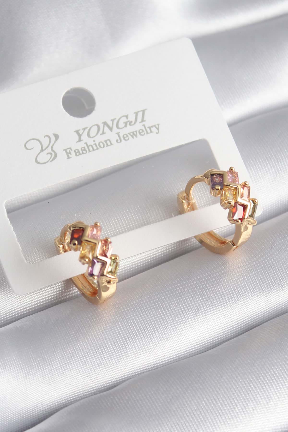 Pirinç Gold Renk ZigZag Model Renkli Zirkon Taşlı Kadın Küpe - TJ-BKP8375 resmi