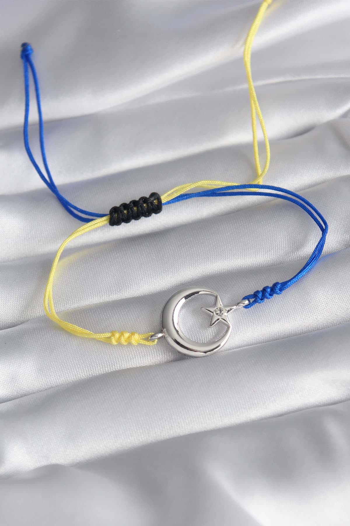 Sarı Lacivert İp Model Gümüş Ay Yıldız Figür Zirkon Taş Detay Unisex Model Bileklik - TJ-BB5808 resmi