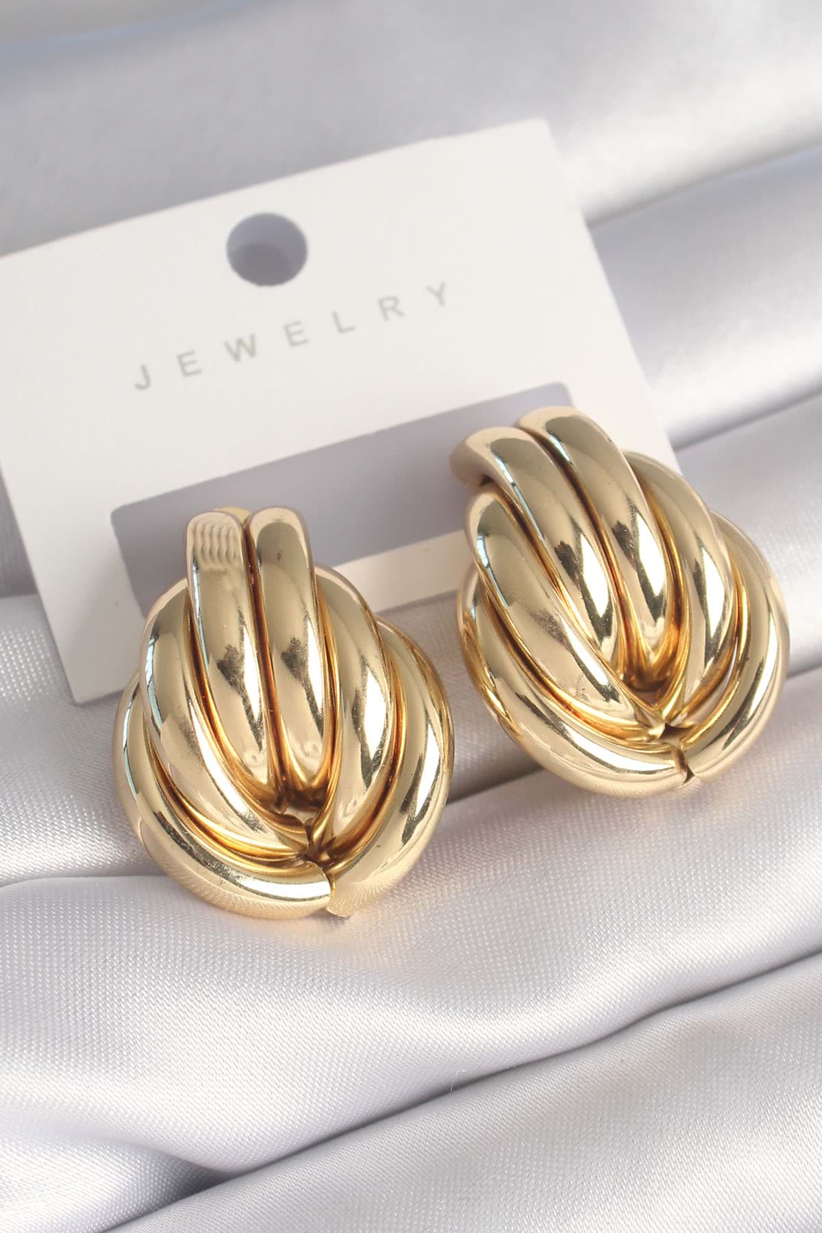 Pirinç Gold Renk İç İçe Geçme Model Kadın Küpe - TJ-BKP8731 resmi