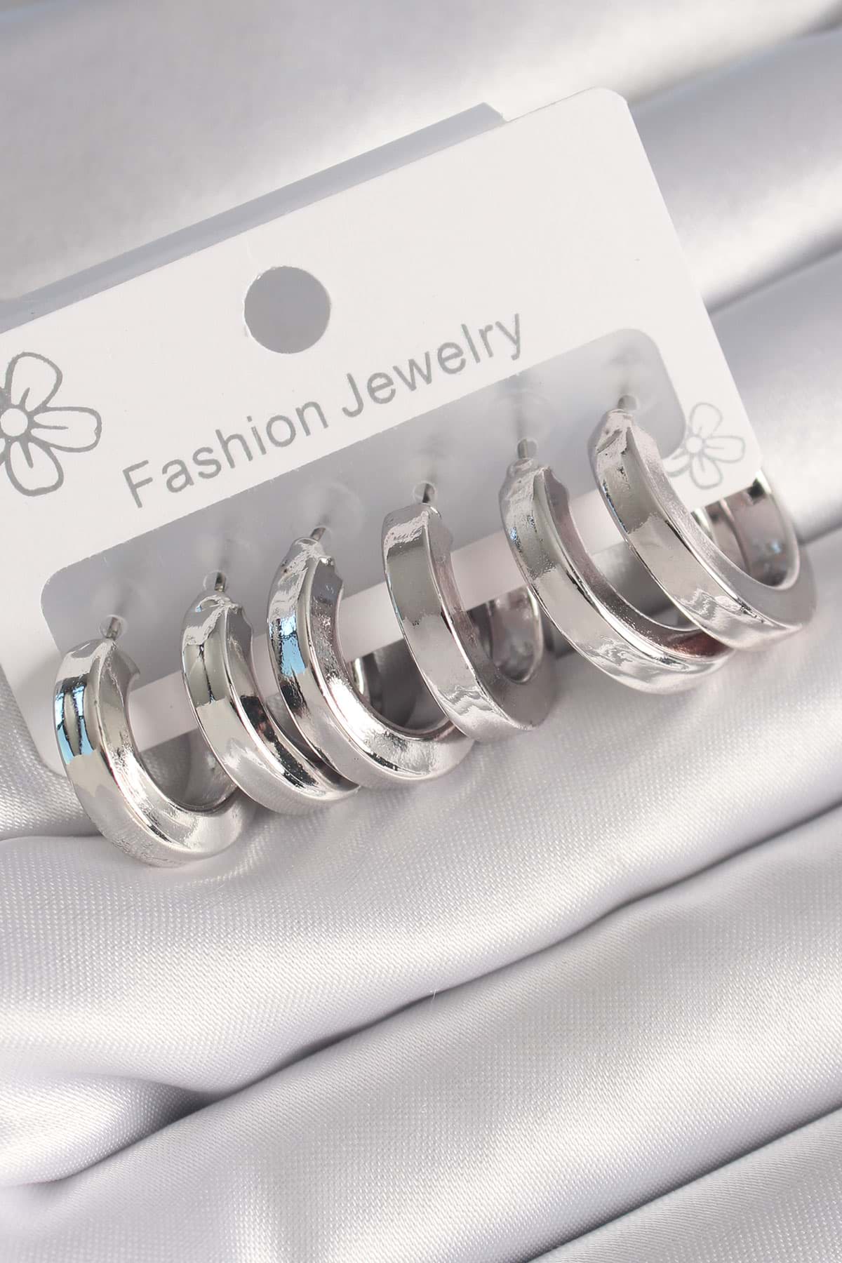 Pirinç Gümüş Renk Kalın Halka Model Kadın Küpe Seti - TJ-BKP8768 resmi