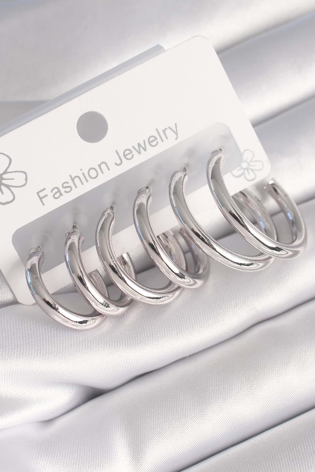 Pirinç Gümüş Renk Halka Model Kadın Küpe Seti - TJ-BKP8770 resmi