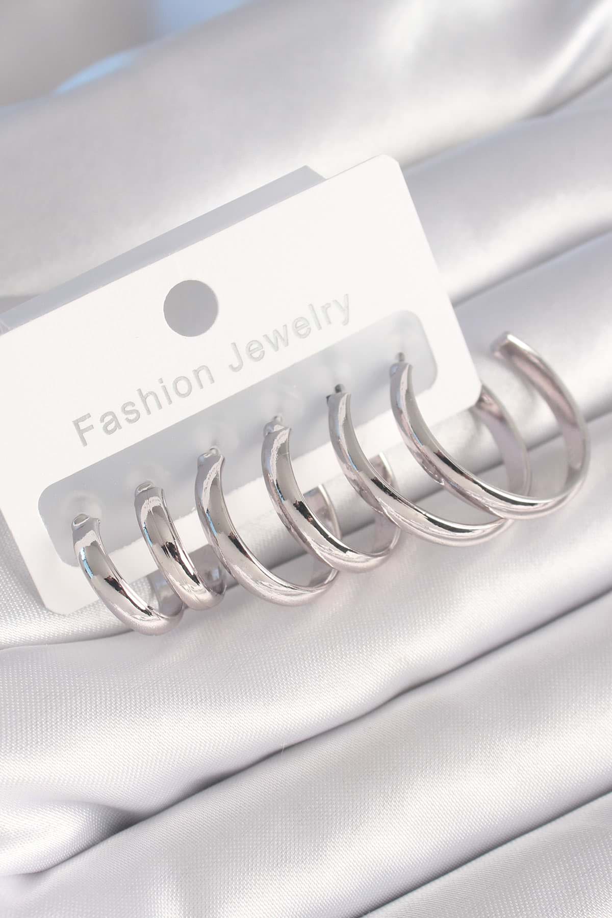 Pirinç Gümüş Renk Yassı Halka Model Kadın Küpe Seti - TJ-BKP8776 resmi