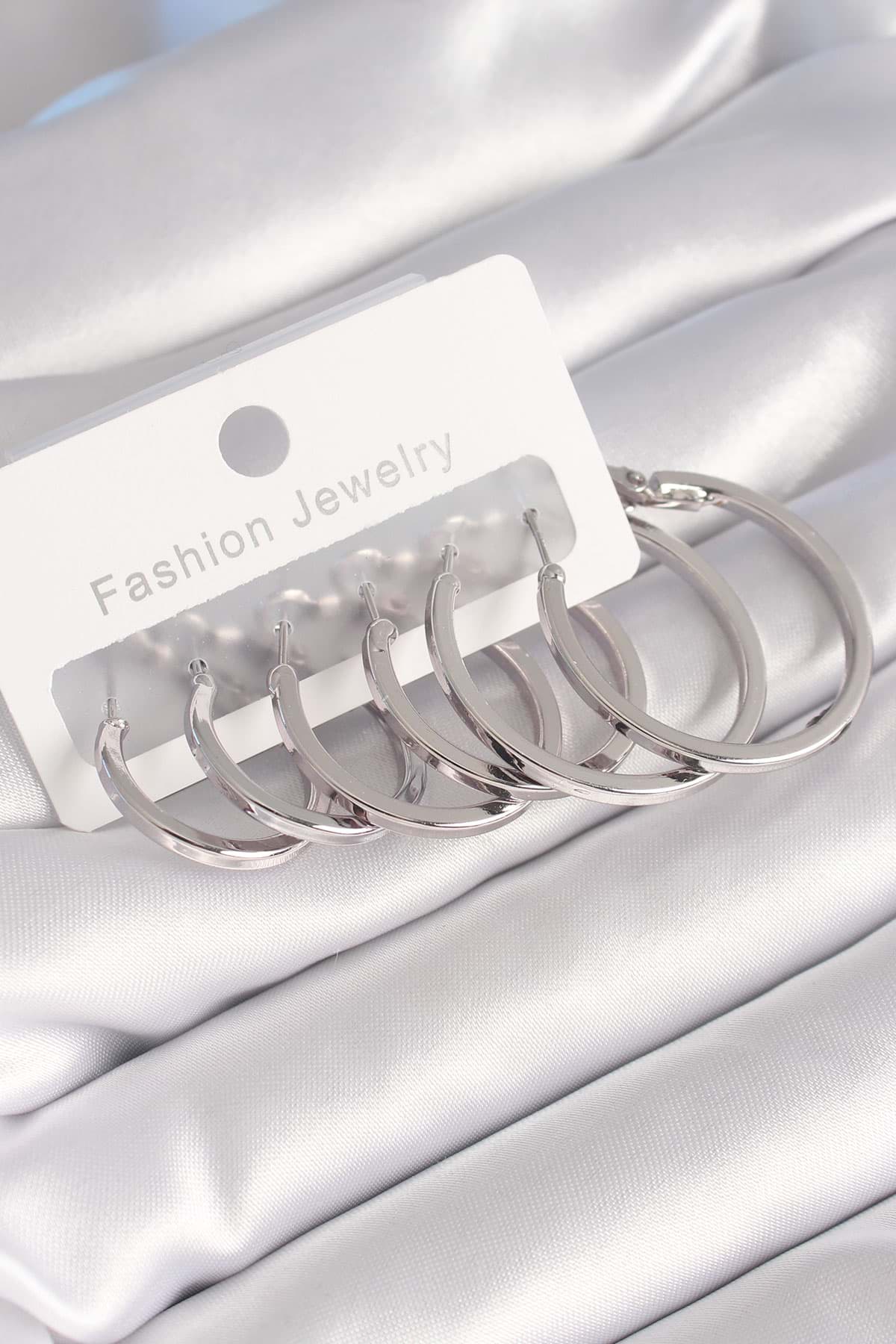 Pirinç Gümüş Renk İnce Halka Model Kadın Küpe Seti - TJ-BKP8780 resmi