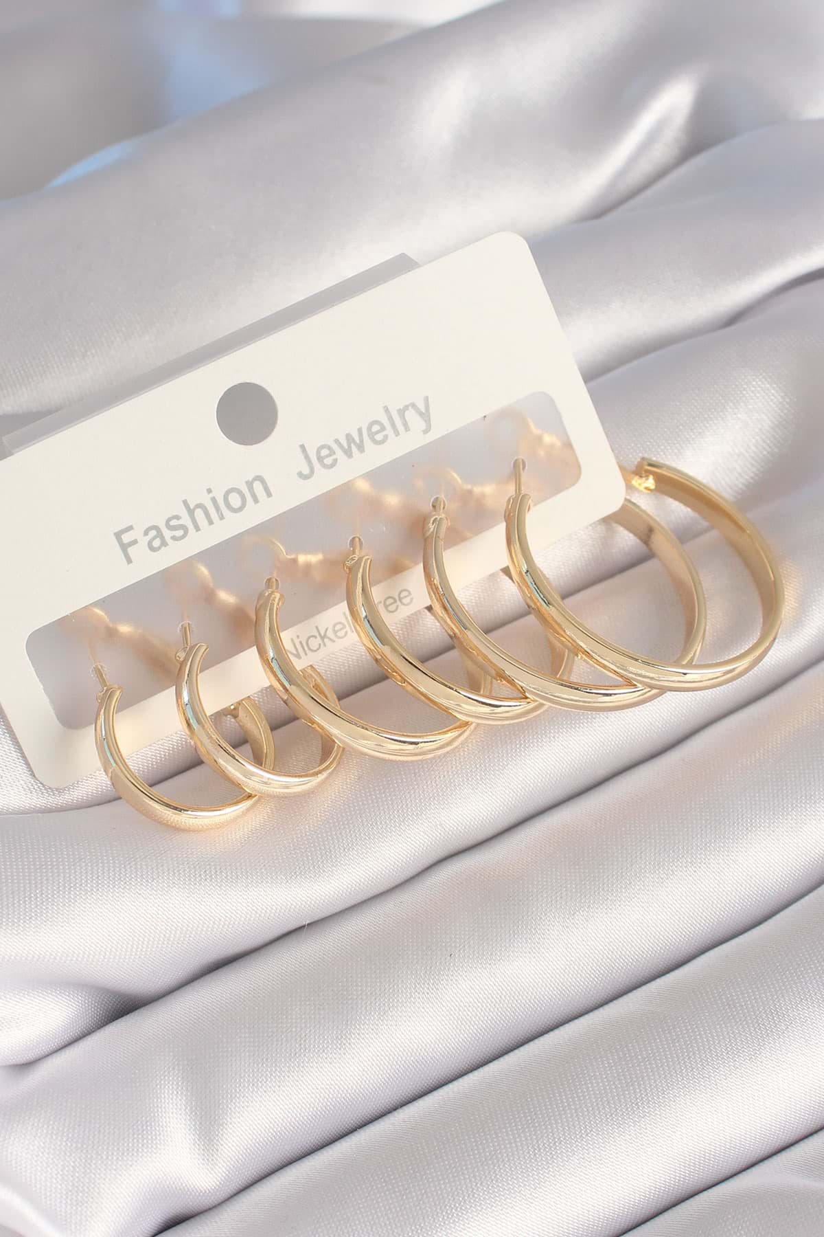 Pirinç Gold Renk Halka Model Kadın Küpe Seti - TJ-BKP8789 resmi