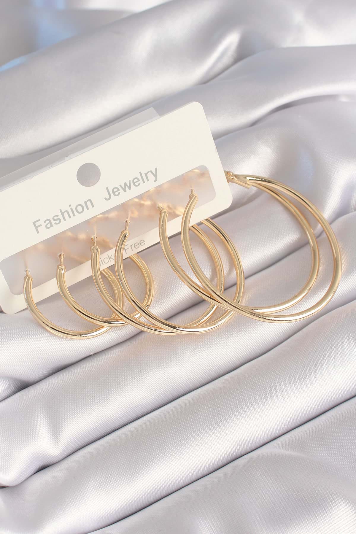 Pirinç Gold Renk Halka Model Kadın Küpe Seti - TJ-BKP8791 resmi