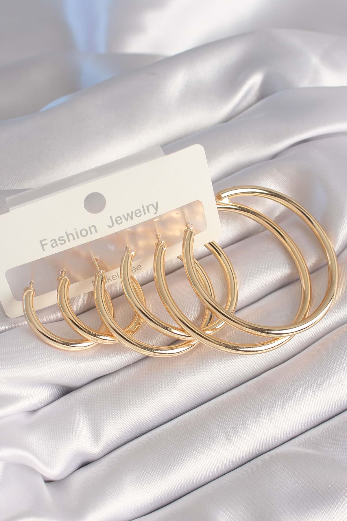 Pirinç Gold Renk Halka Model Kadın Küpe Seti - TJ-BKP8793 resmi