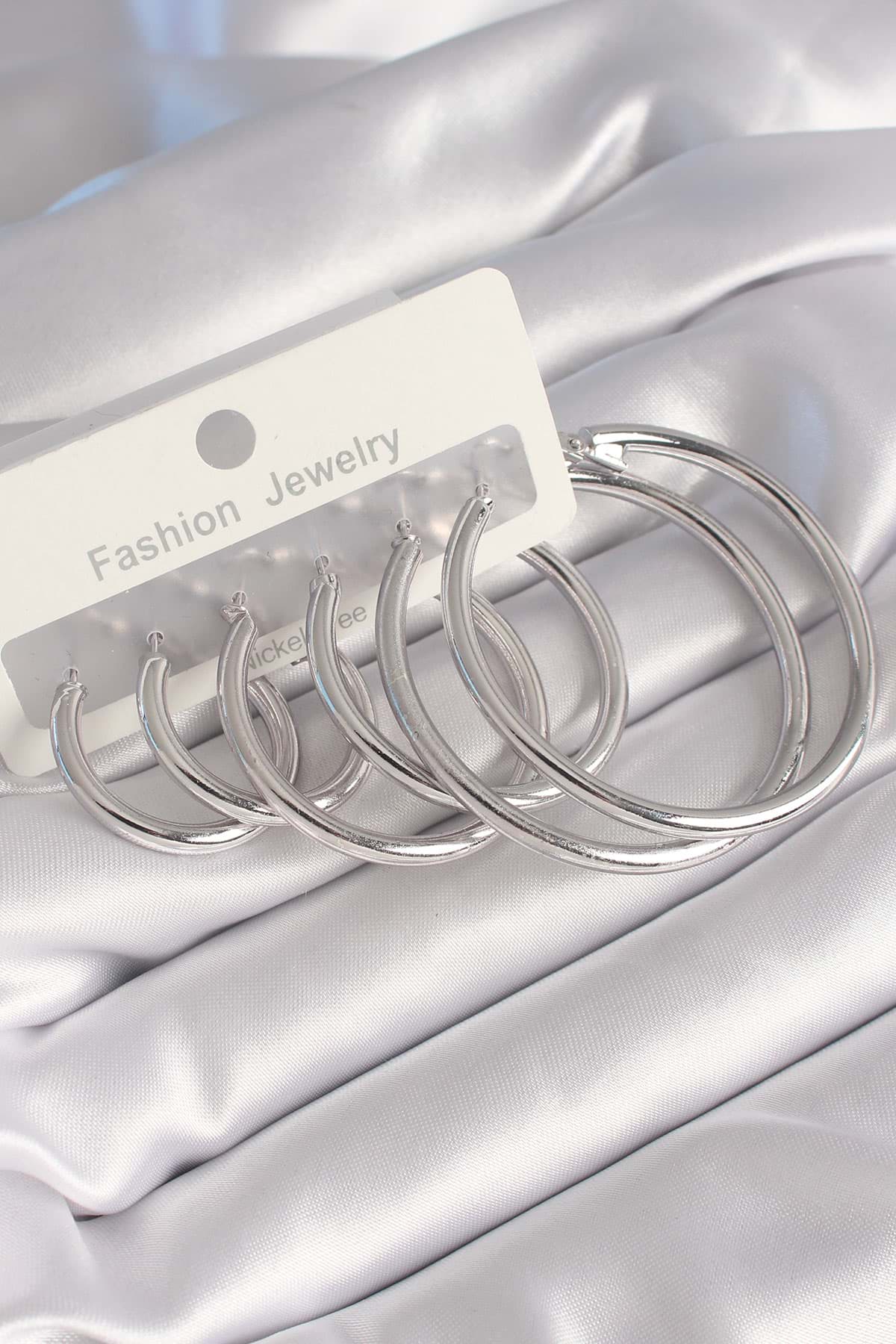 Pirinç Gümüş Renk Halka Model Kadın Küpe Seti - TJ-BKP8794 resmi