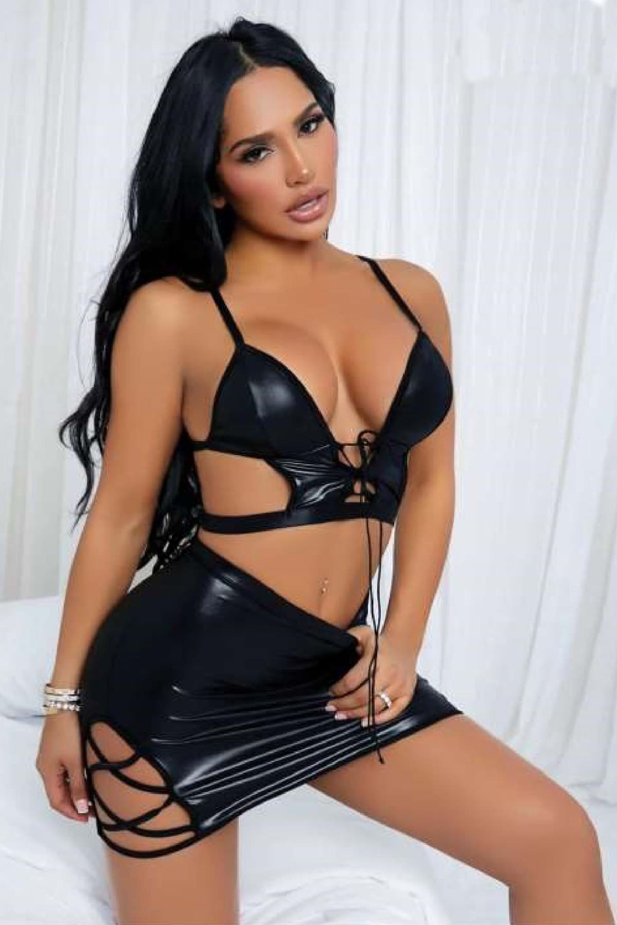 Kadın Fantezi Deri Kostüm Harness Erotik Kıyafet D21006 Siyah resmi