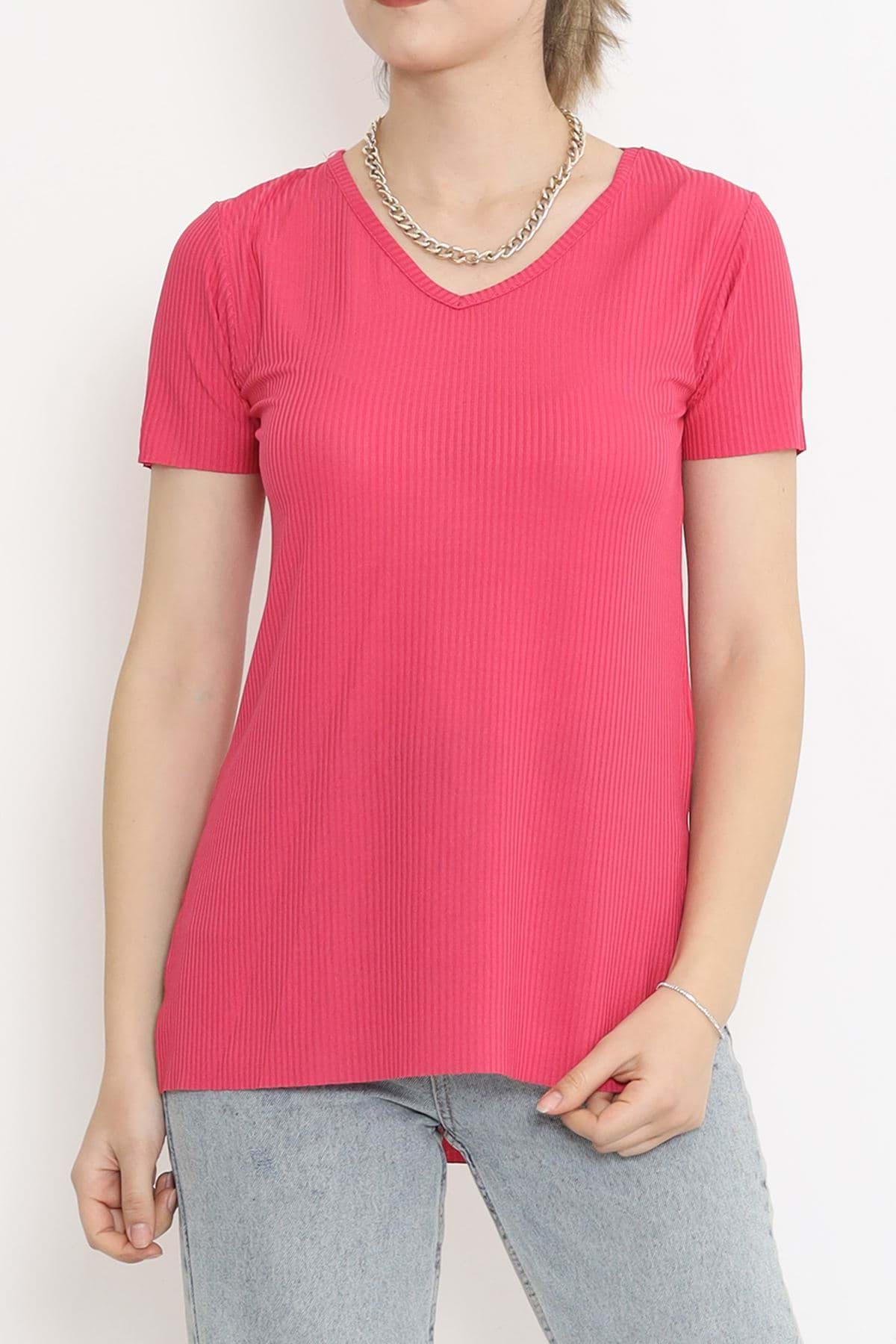 V Yaka Yırtmaçlı Tişört Fuşya - 1998.555. resmi