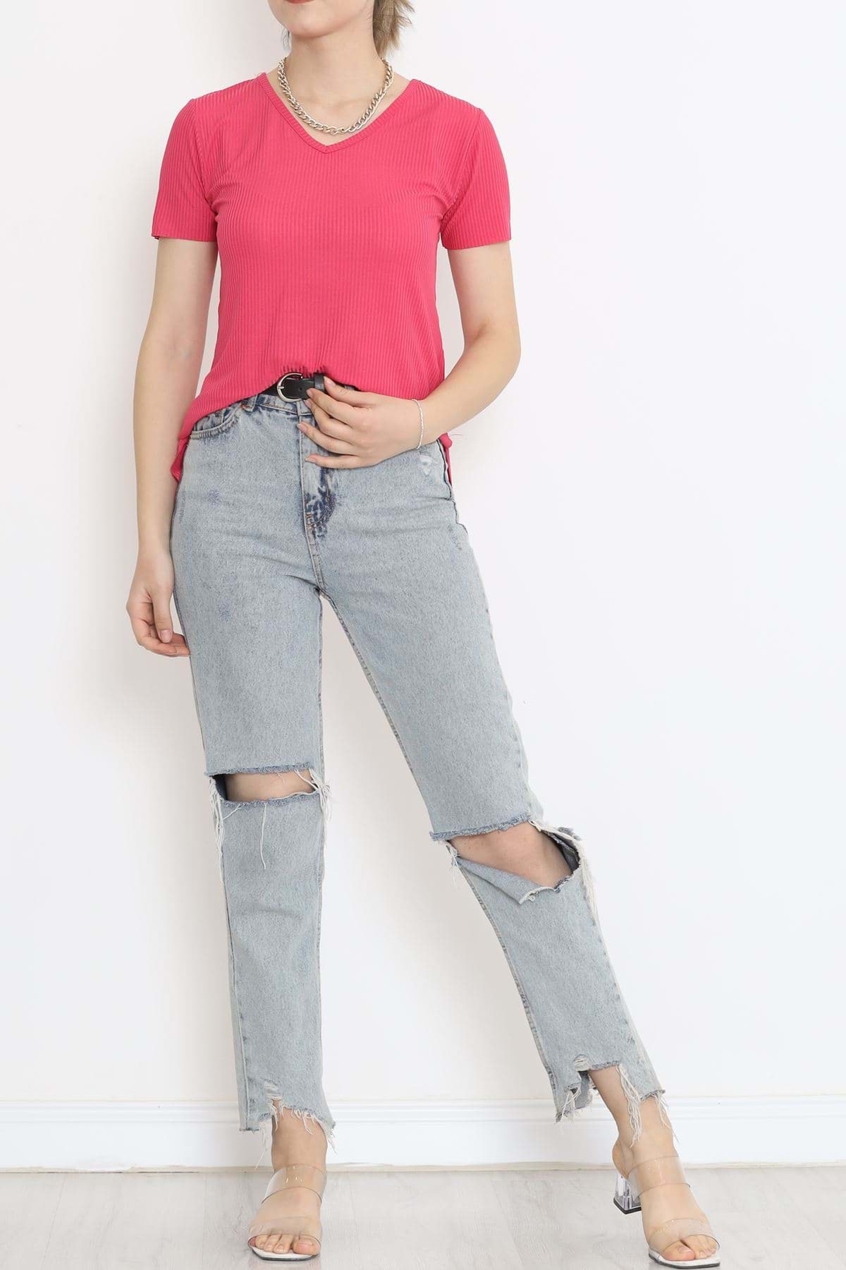 V Yaka Yırtmaçlı Tişört Fuşya - 1998.555. resmi