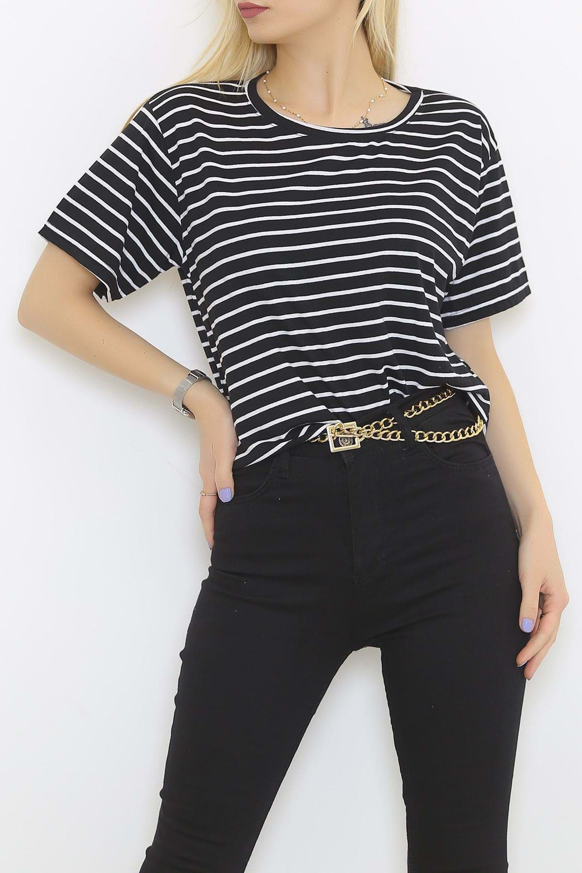 Çizgili Crop Tişört Siyahbeyaz - 9525.1567. resmi