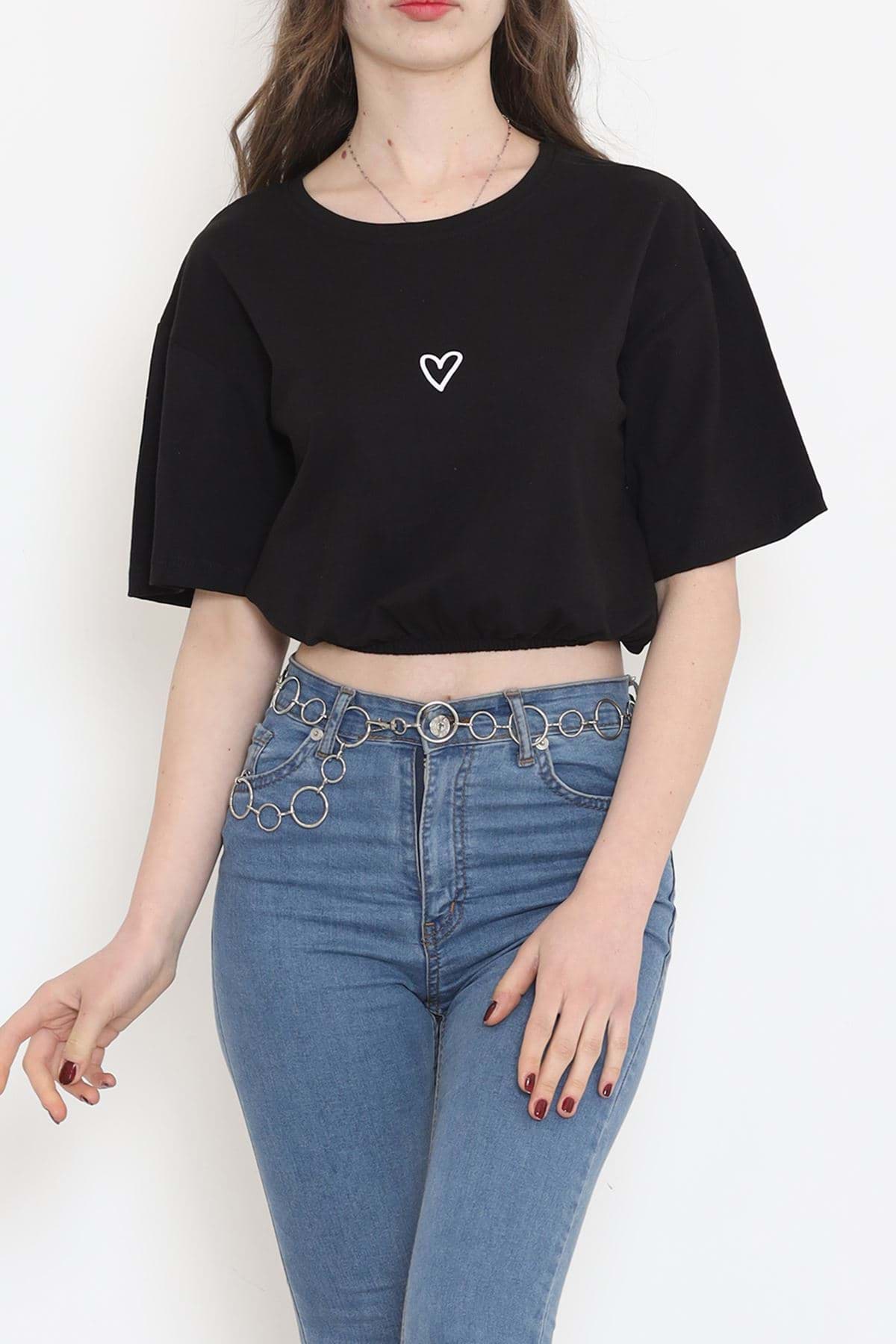 Baskılı Crop Tişört Siyah - 16548.1567. resmi