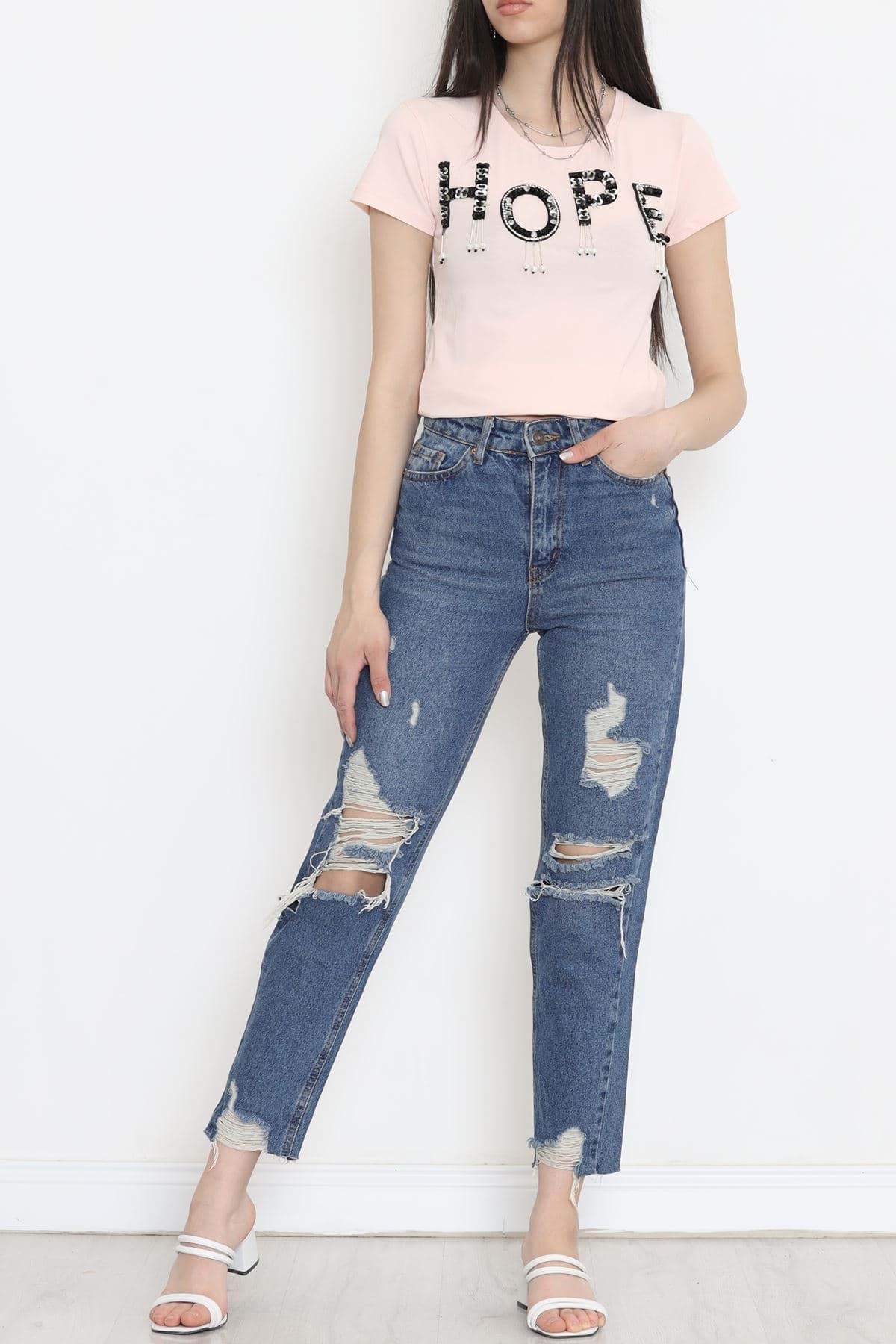 Işıltılı Püsküllü Tişört Pudra - 1001.1367. resmi