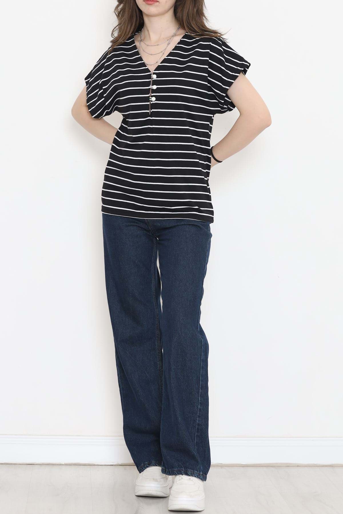 Suprem Çizgili Düğmeli Tişört Siyah - 15921.1567. resmi