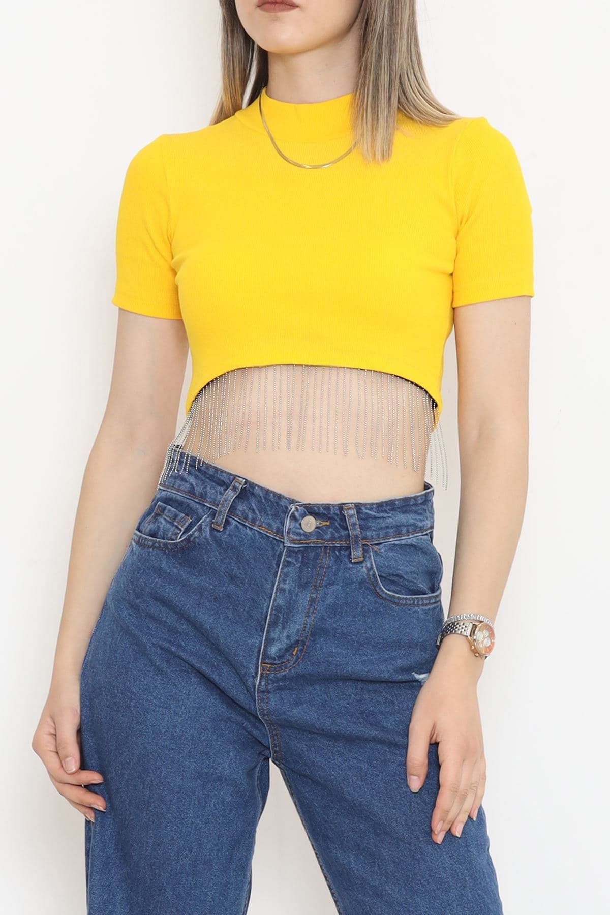 Altı Saçaklı Crop Tişört Hardal1 - 80193.1059. resmi